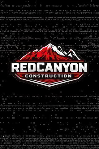Red Canyon Construction logo featuring a red and white mountain peak design on a dark textured background